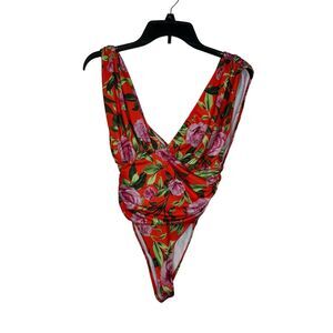 Zara Women's Top Bodysuit‎ Deep V-Neck Tropical Floral Draped Orange Small NWT